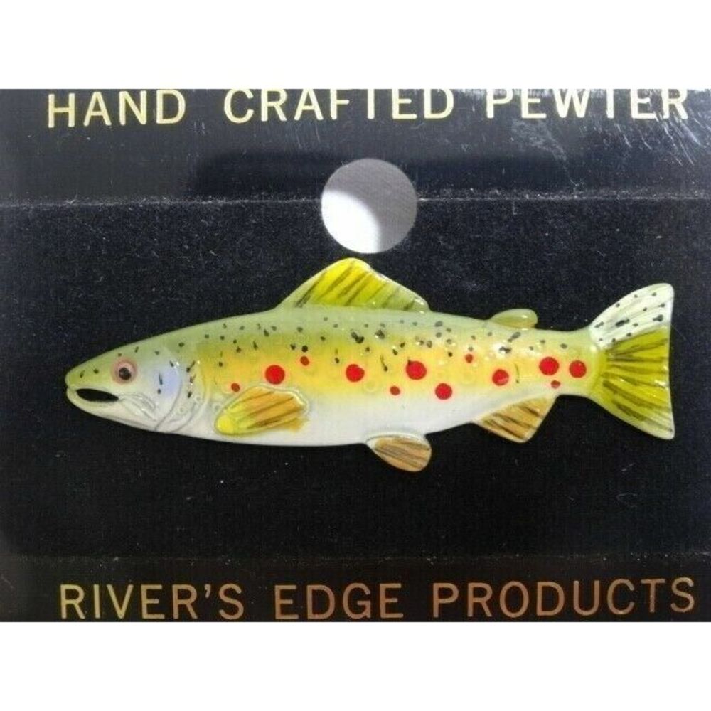 River's Edge Pewter Pin Brown Trout Pinback Hand Crafted Hand Painted Fish Gift